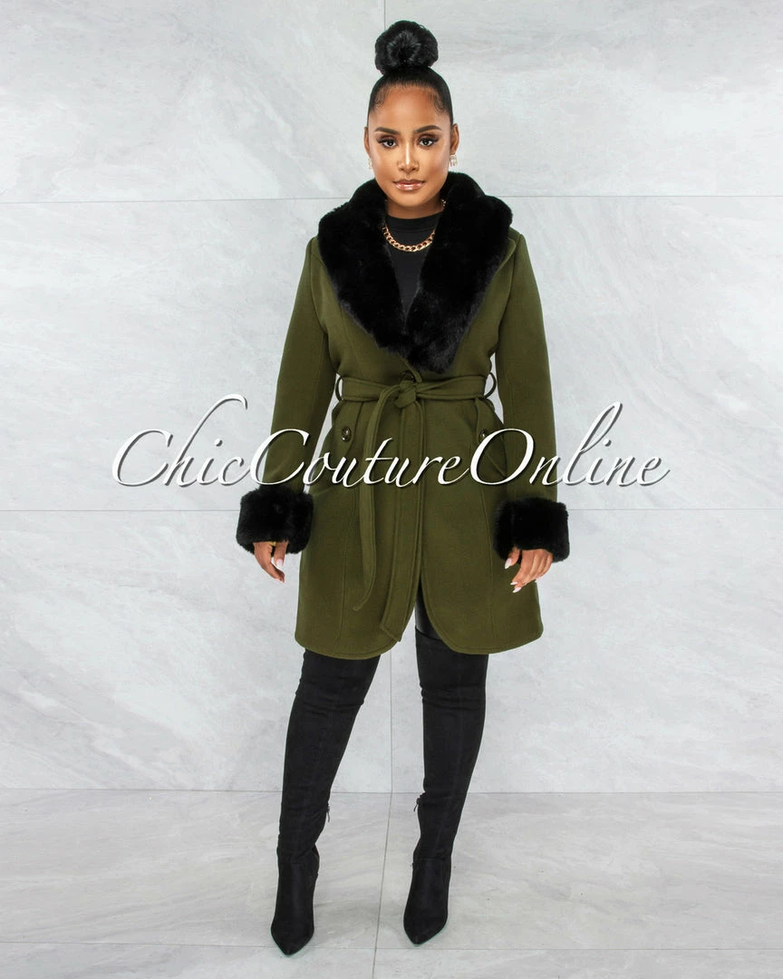 Vendor-unknown Entica Olive Green Black Faux Fur Coat