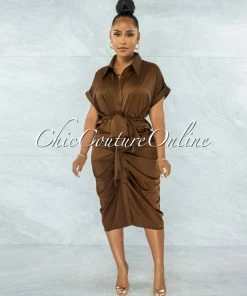 Vendor-unknown JUST IN Valley Brown Drape Self-Tie Belt Shirt Midi Dress