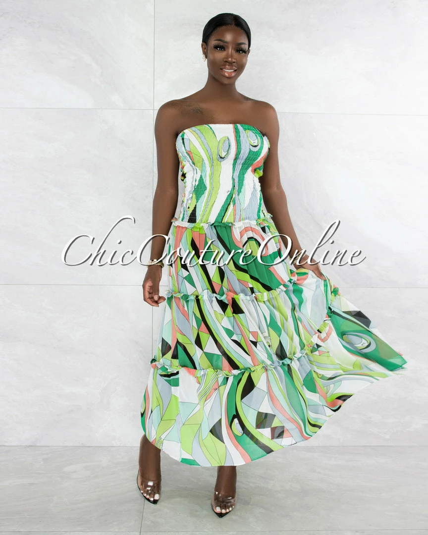Vendor-unknown Clemons White Green Print Smocked Two Piece Skirt Set JUST IN