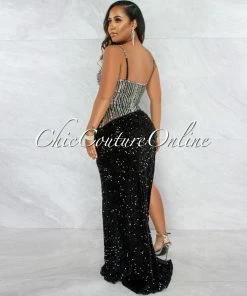 Vendor-unknown Castro Black Rhinestones Sequins Maxi Dress JUST IN