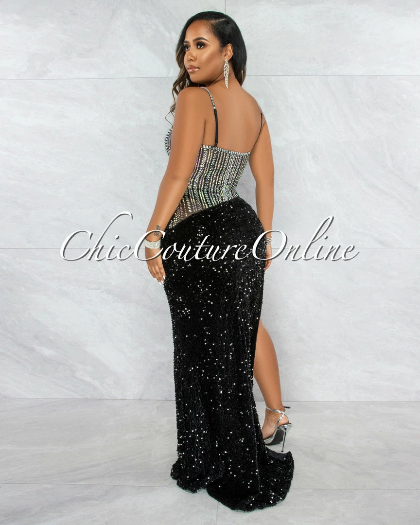 Vendor-unknown Castro Black Rhinestones Sequins Maxi Dress JUST IN