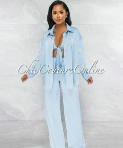 Vendor-unknown Carswell Sky Blue Satin Three Piece Pants Set JUST IN