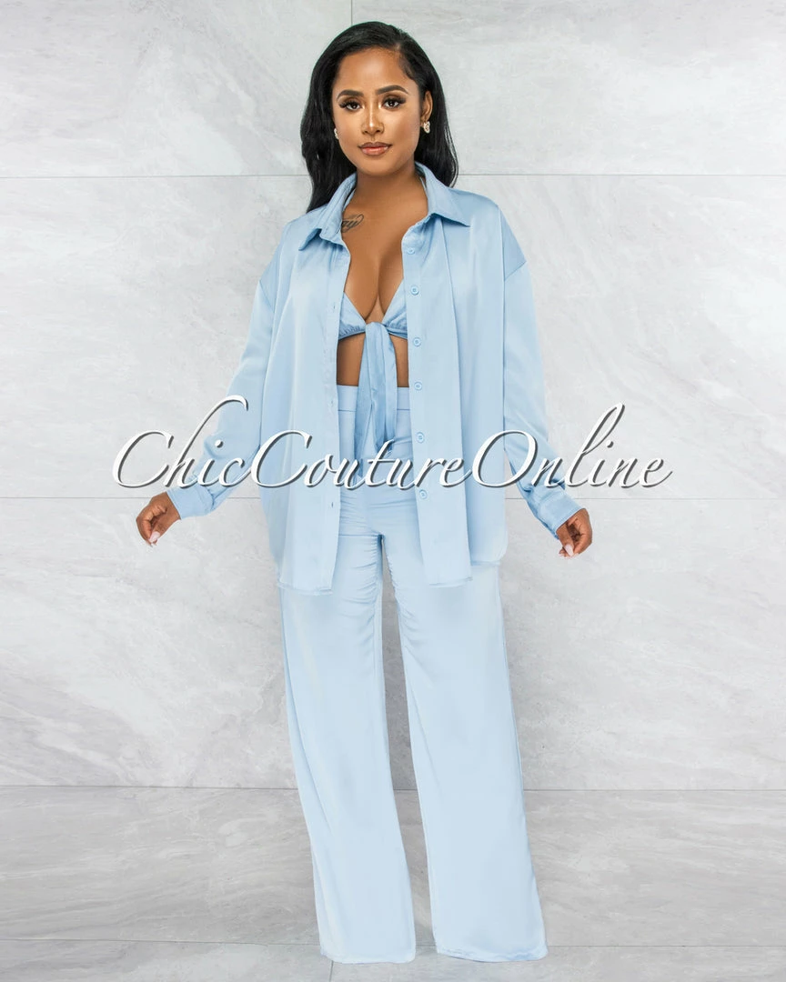 Vendor-unknown Carswell Sky Blue Satin Three Piece Pants Set JUST IN