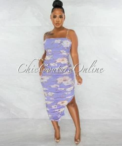 Chic Couture Online Consuelo Lilac Floral Ruched Bodice Side Slit Maxi Dress JUST IN