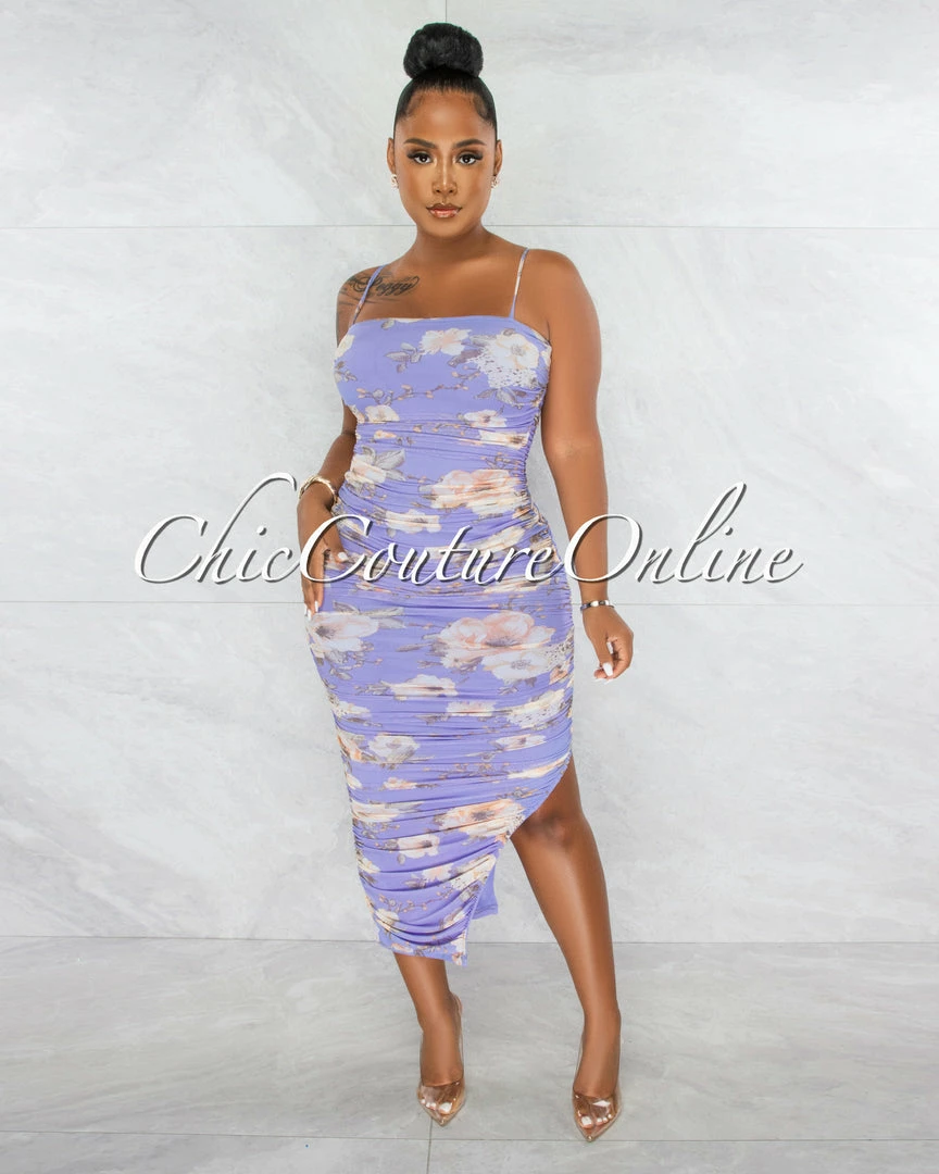 Chic Couture Online Consuelo Lilac Floral Ruched Bodice Side Slit Maxi Dress JUST IN