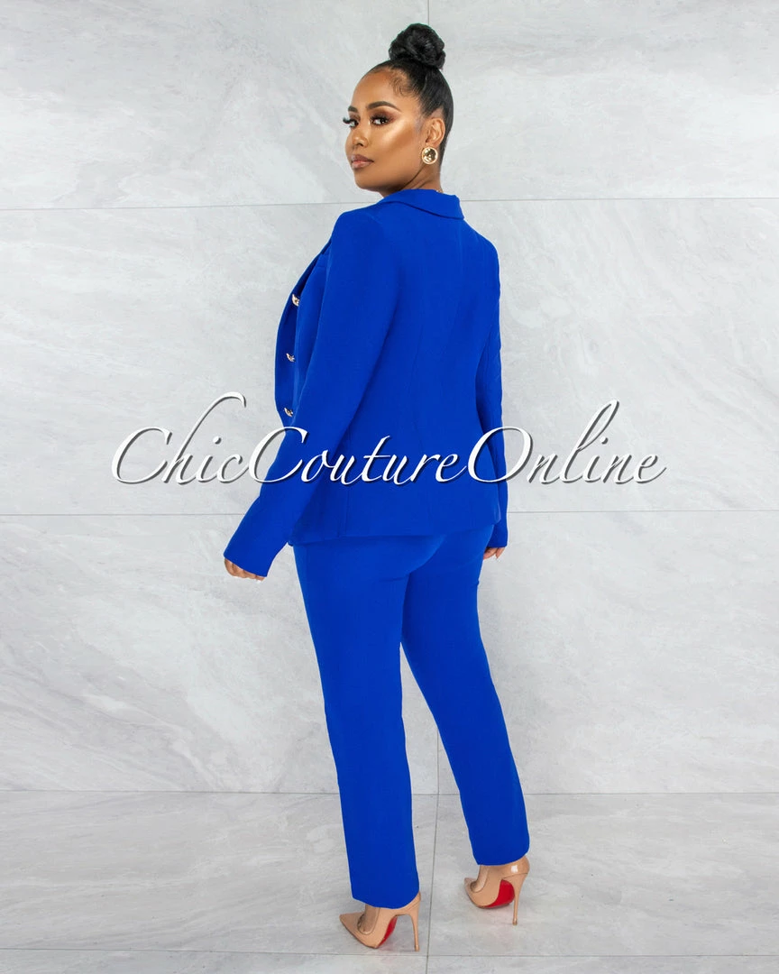 Vendor-unknown JUST IN Karlis Royal Blue Gold Buttons Blazer & Pants Set