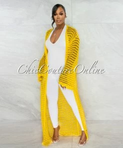 Vendor-unknown Qiana Yellow Crochet Sheer Long Duster JUST IN