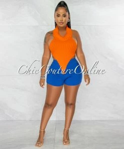 Chic Couture Online Tammy Orange Mock Neckline Ribbed Crop Top JUST IN