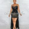 Vendor-unknown JUST IN Damian Black Rhinestones Shine Bodysuit Hi-Lo Dress