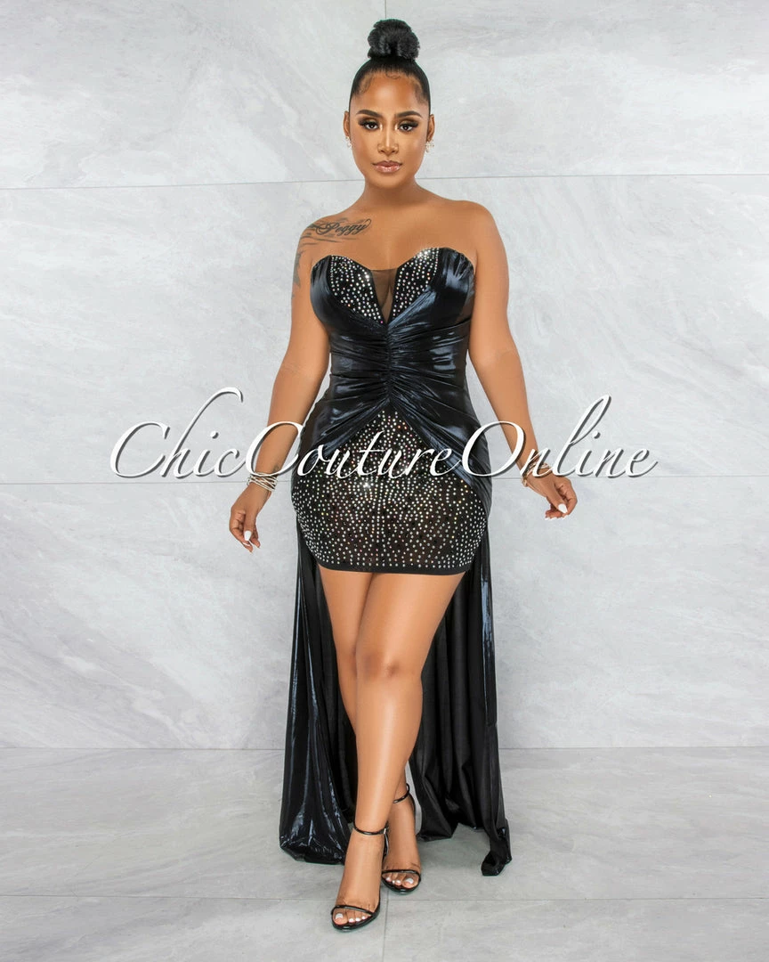Vendor-unknown JUST IN Damian Black Rhinestones Shine Bodysuit Hi-Lo Dress