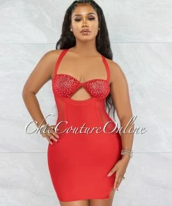 Vendor-unknown JUST IN Variya Red Keyhole Mesh Rhinestones Mini Dress