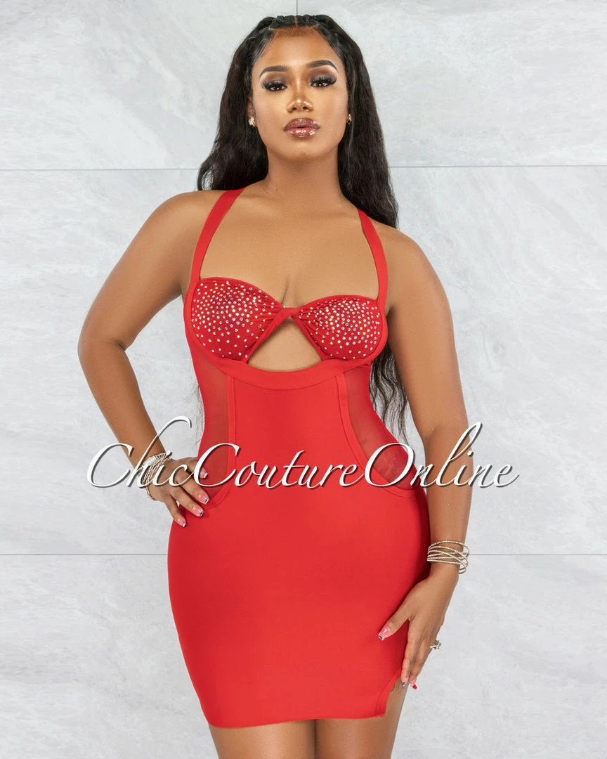 Vendor-unknown JUST IN Variya Red Keyhole Mesh Rhinestones Mini Dress