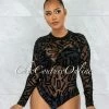 Vendor-unknown JUST IN Gypsy Black Mesh Sheer Velvet Letters Bodysuit