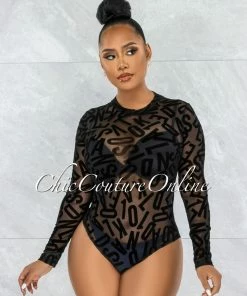 Vendor-unknown JUST IN Gypsy Black Mesh Sheer Velvet Letters Bodysuit