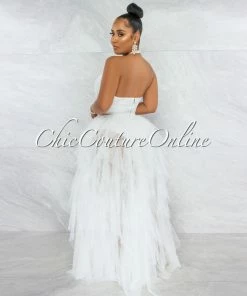 Vendor-unknown Angelica Off-White Tulle Halter Ruffle Maxi Dress