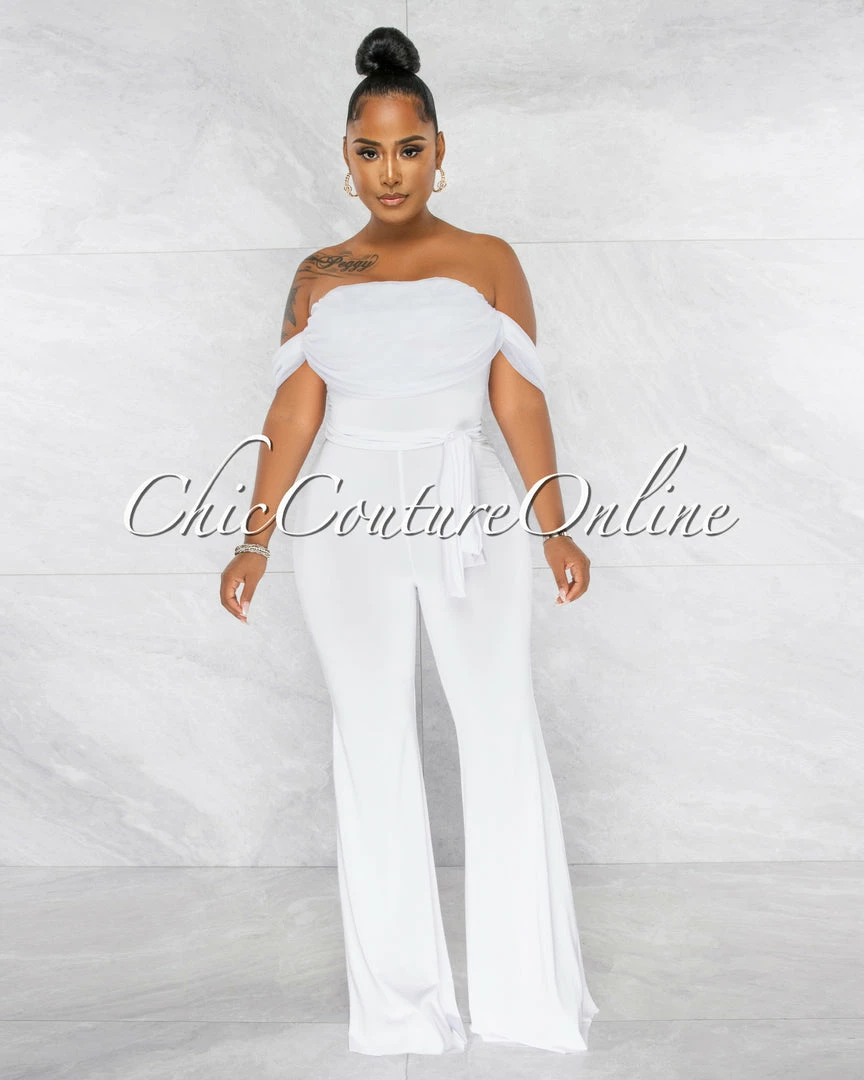 Chic Couture Online JUST IN Darcy White Mesh Sleeves Waistband Tie Jumpsuit