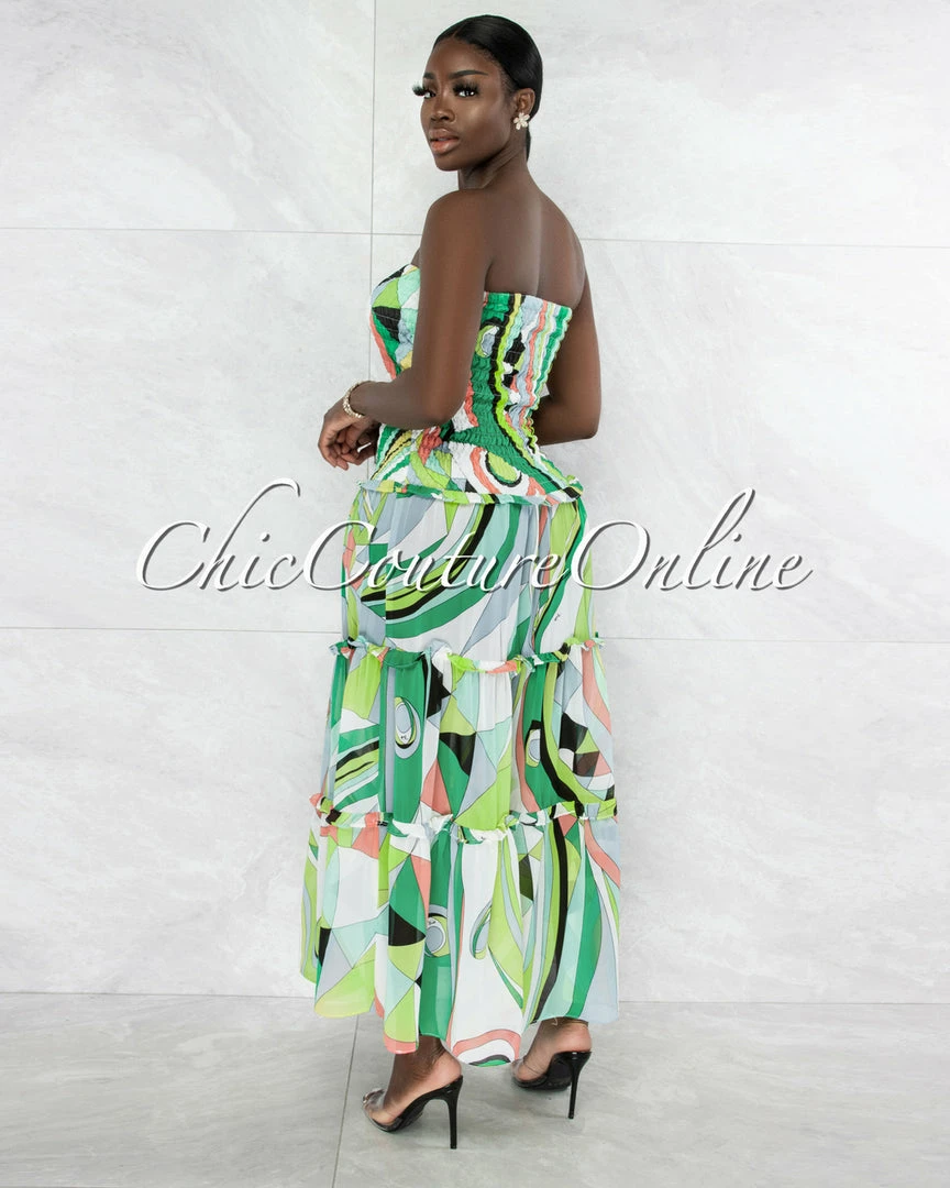 Vendor-unknown Clemons White Green Print Smocked Two Piece Skirt Set JUST IN