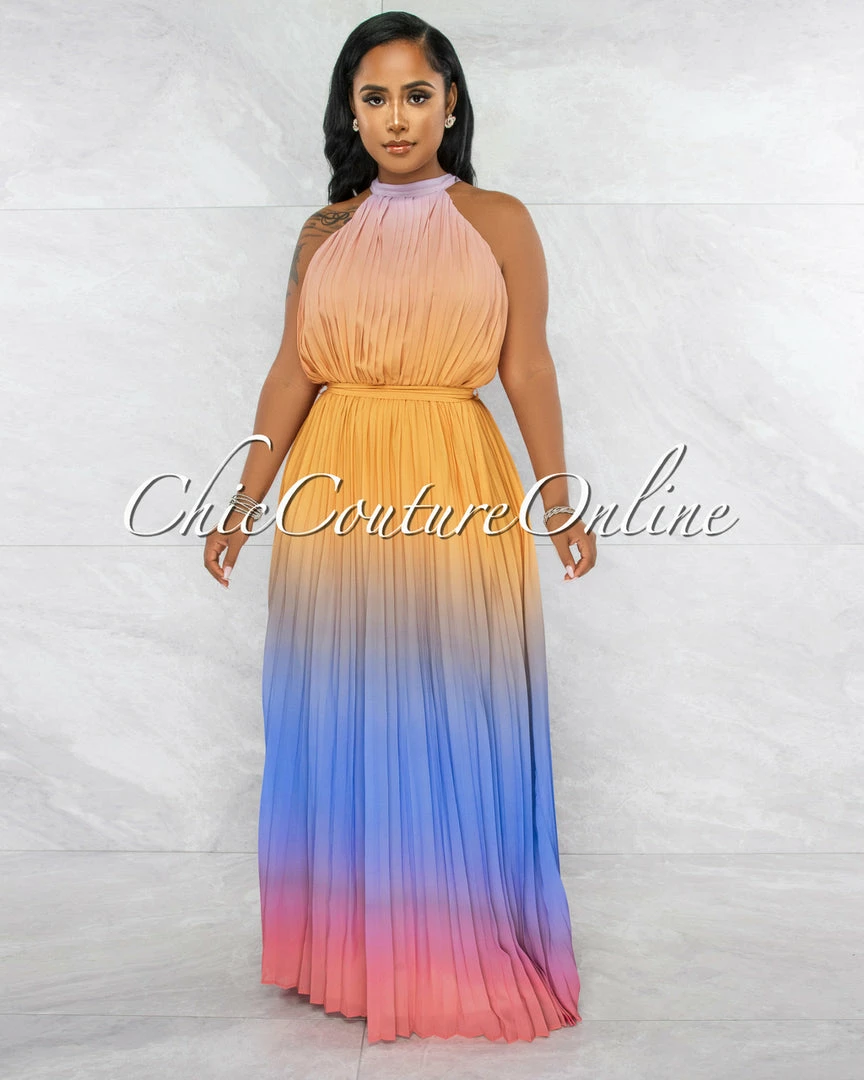 Vendor-unknown Janique Mustard Blue Ombre Halter Maxi Pleated Dress