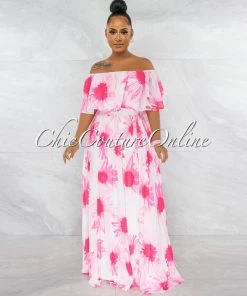 Chic Couture Online Colby White Pink Floral Print Pleated Maxi Dress JUST IN