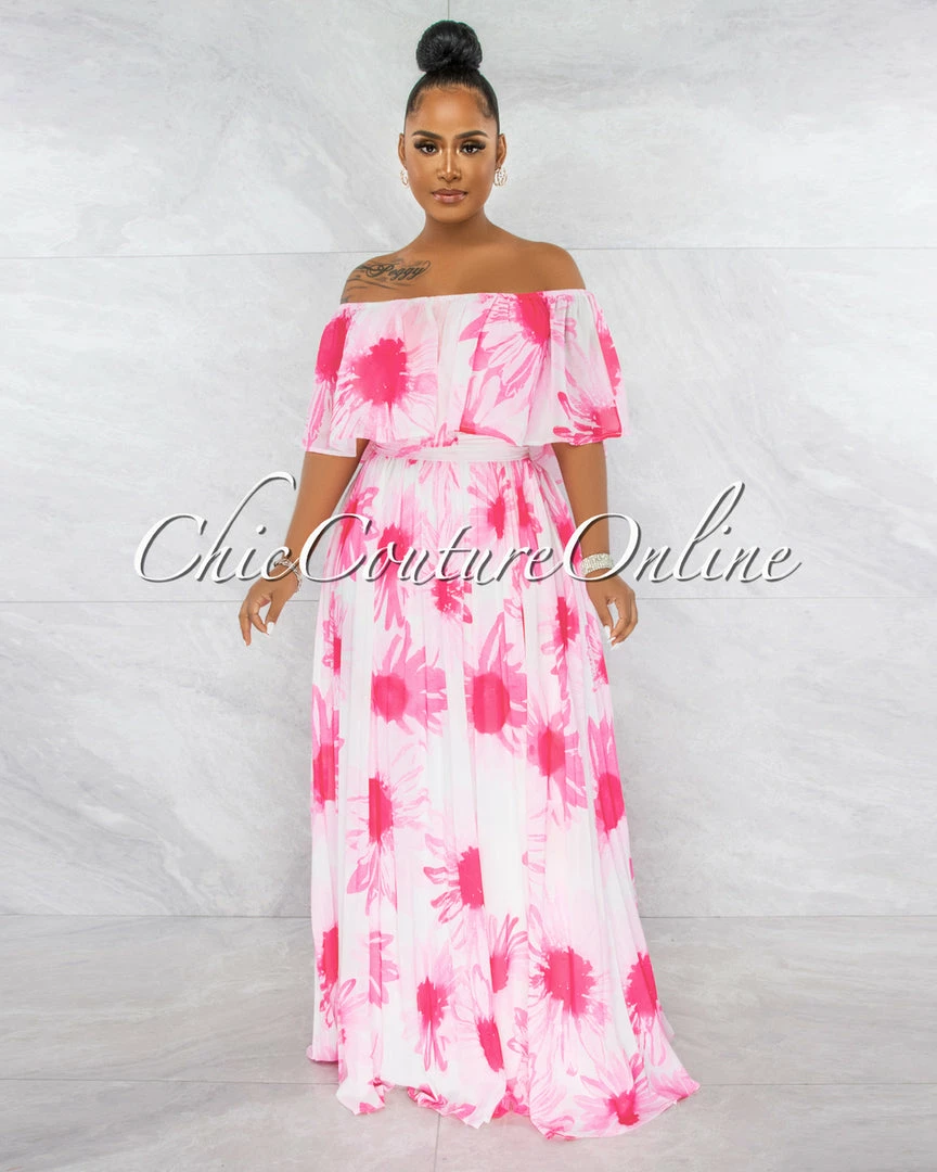 Chic Couture Online Colby White Pink Floral Print Pleated Maxi Dress JUST IN