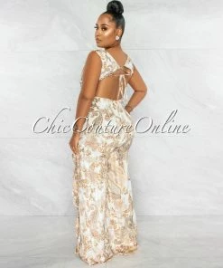 Chic Couture Online Elodie Ivory Brown Paisley Print Ruffle Legs Jumpsuit JUST IN