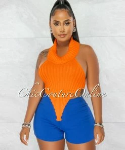 Chic Couture Online Tammy Orange Mock Neckline Ribbed Crop Top JUST IN