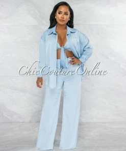 Vendor-unknown Carswell Sky Blue Satin Three Piece Pants Set JUST IN