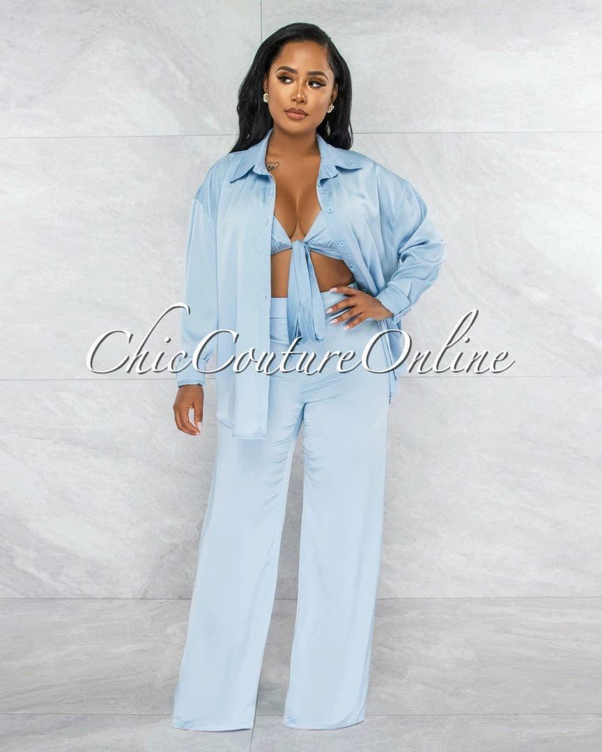 Vendor-unknown Carswell Sky Blue Satin Three Piece Pants Set JUST IN
