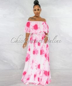 Chic Couture Online Colby White Pink Floral Print Pleated Maxi Dress JUST IN