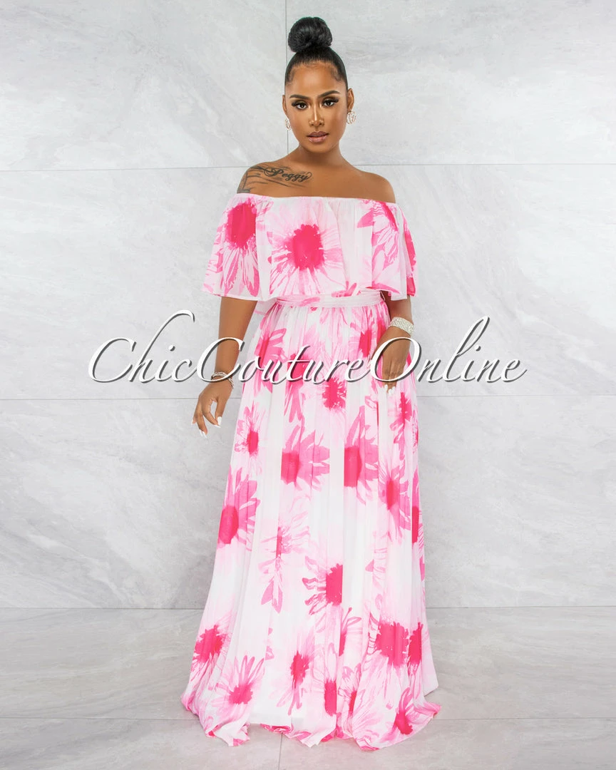 Chic Couture Online Colby White Pink Floral Print Pleated Maxi Dress JUST IN
