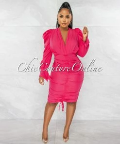 Chic Couture Online Crisanta Fuchsia V Pleated Neckline Ruched Midi Dress JUST IN