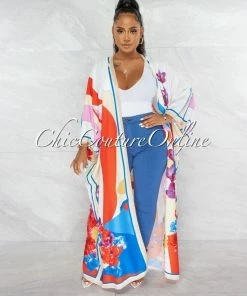 Chic Couture Online Tasha Ivory Multi-Color Long Silky Kimono Duster JUST IN