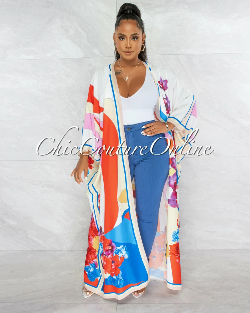 Chic Couture Online Tasha Ivory Multi-Color Long Silky Kimono Duster JUST IN