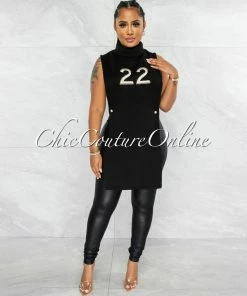 Vendor-unknown JUST IN Gilberta Black #22 Turtle Neck Open Sides Long Top