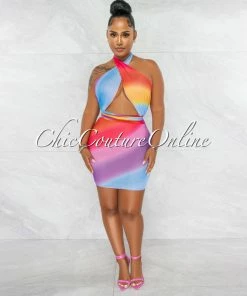 Chic Couture Online JUST IN Lesley Rainbow Ombre Halter Mesh Mini Dress