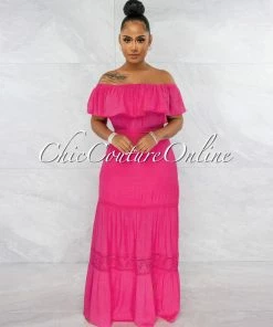 Vendor-unknown JUST IN Amapola Fuchsia Off-The-Shoulder Crochet Maxi Dress