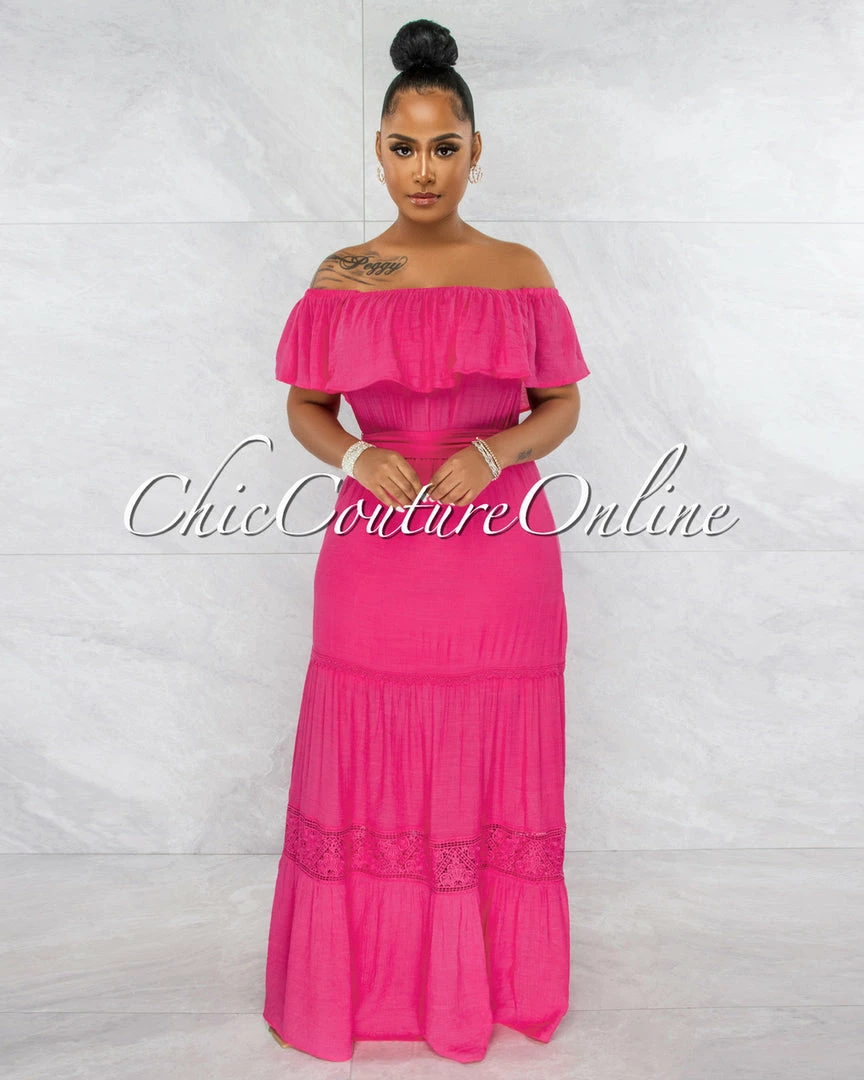 Vendor-unknown JUST IN Amapola Fuchsia Off-The-Shoulder Crochet Maxi Dress