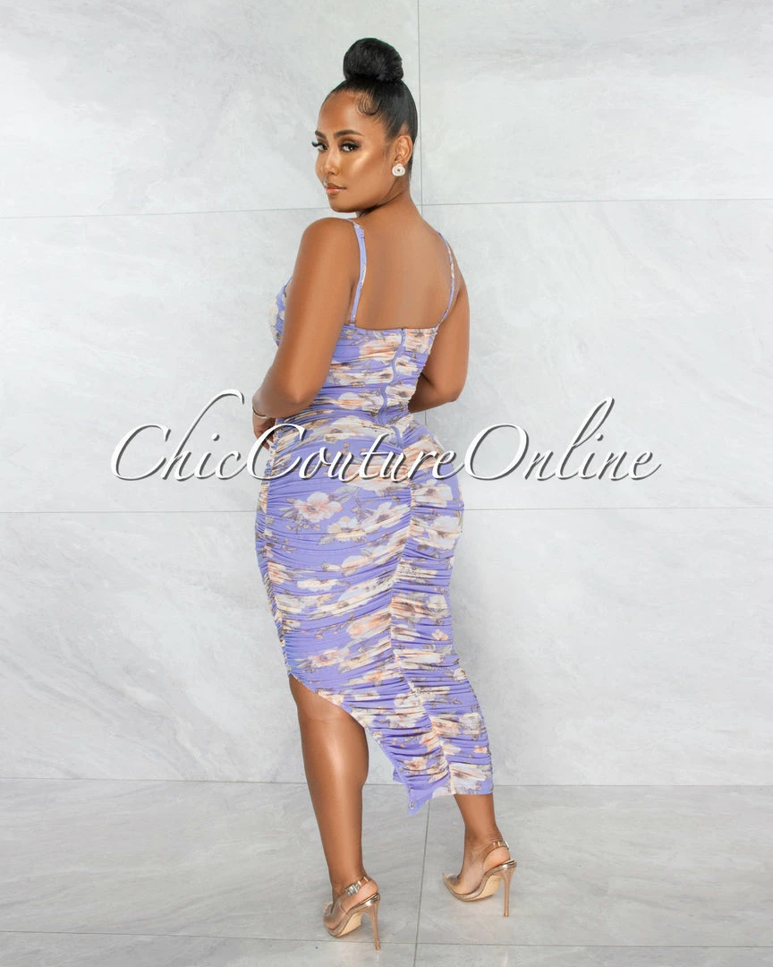 Chic Couture Online Consuelo Lilac Floral Ruched Bodice Side Slit Maxi Dress JUST IN