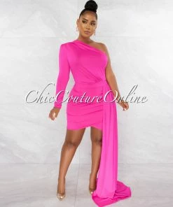 Chic Couture Online JUST IN Cameo Hot Pink Single Sleeve Long Strap Accent Dress