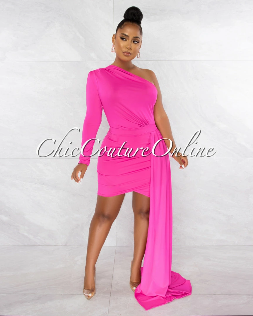 Chic Couture Online JUST IN Cameo Hot Pink Single Sleeve Long Strap Accent Dress