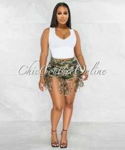 Vendor-unknown JUST IN Diana Camo Tie-Dye Distressed Fringe Denim Shorts