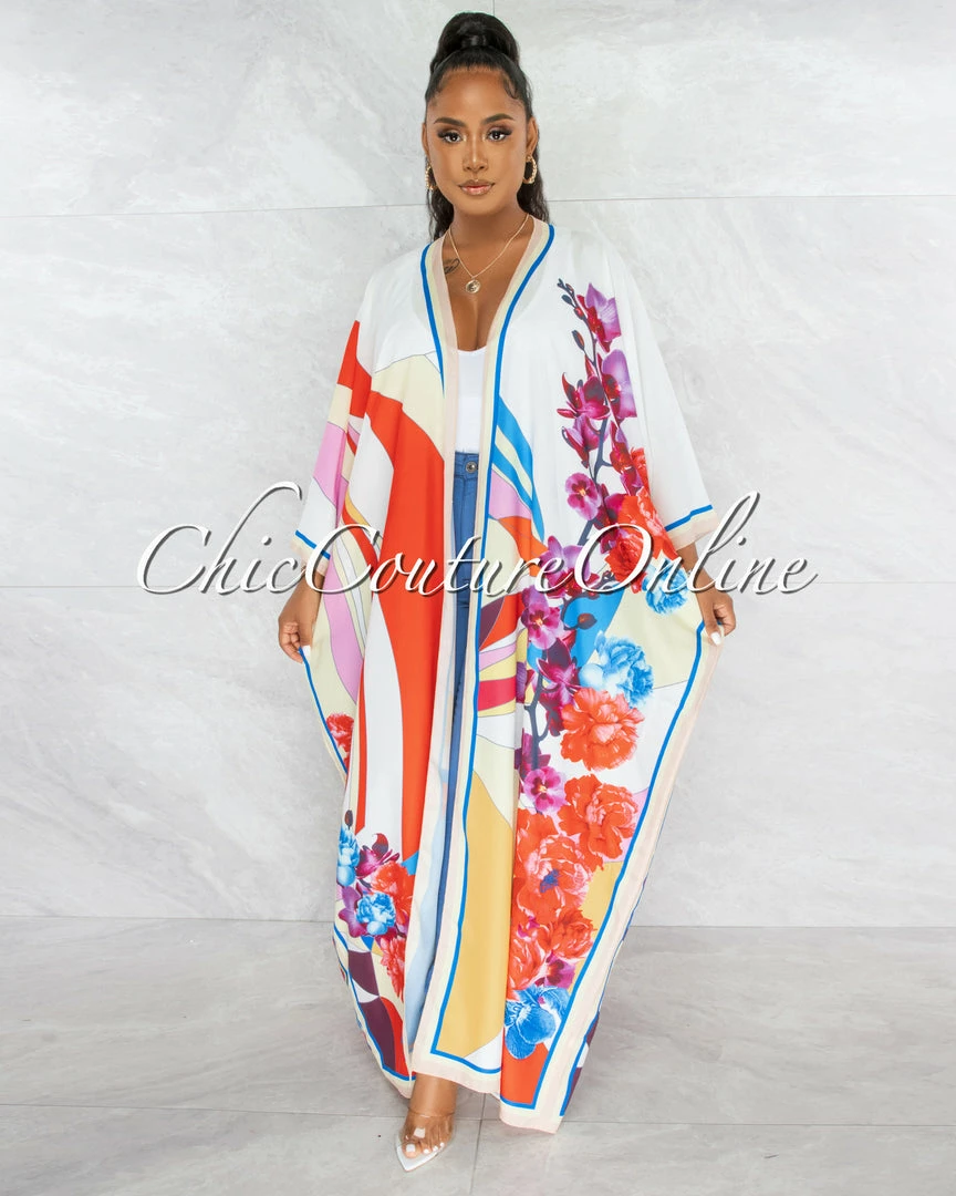 Chic Couture Online Tasha Ivory Multi-Color Long Silky Kimono Duster JUST IN
