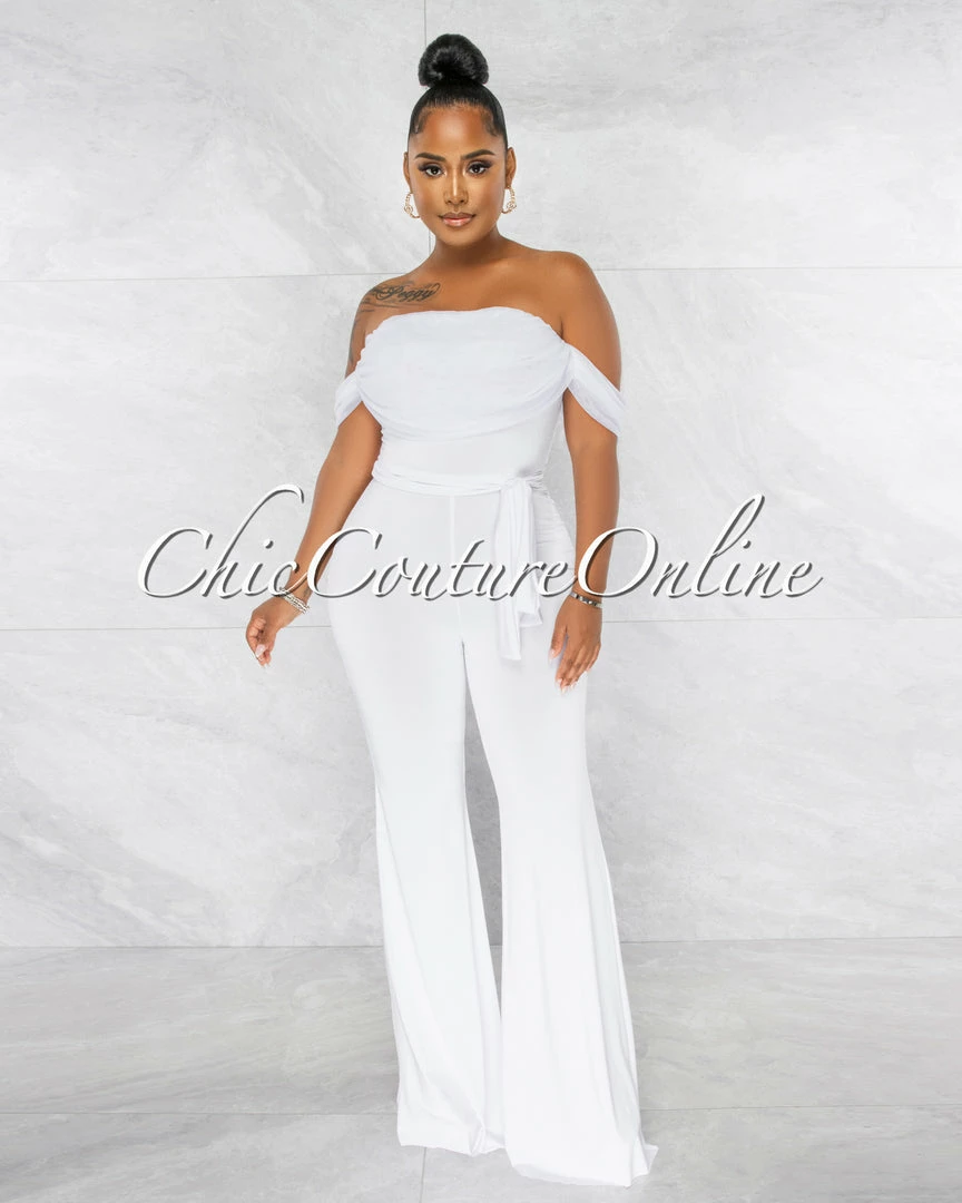 Chic Couture Online JUST IN Darcy White Mesh Sleeves Waistband Tie Jumpsuit