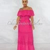 Vendor-unknown JUST IN Amapola Fuchsia Off-The-Shoulder Crochet Maxi Dress