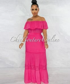 Vendor-unknown JUST IN Amapola Fuchsia Off-The-Shoulder Crochet Maxi Dress
