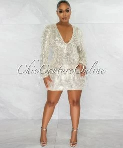 Vendor-unknown Glory Silver Sequin Pearls Chain Sleeves Fringe Mini Dress JUST IN