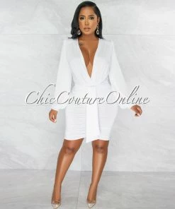 Chic Couture Online Umaya White Draped Bodysuit & Ruched Skirt Set JUST IN