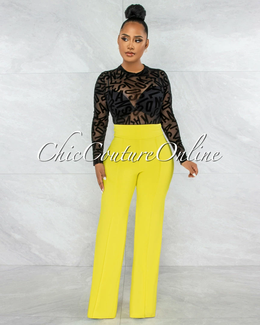 Vendor-unknown JUST IN Gypsy Black Mesh Sheer Velvet Letters Bodysuit