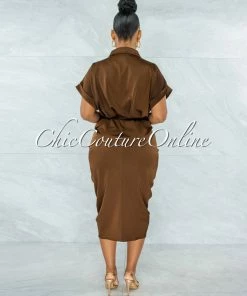 Vendor-unknown JUST IN Valley Brown Drape Self-Tie Belt Shirt Midi Dress