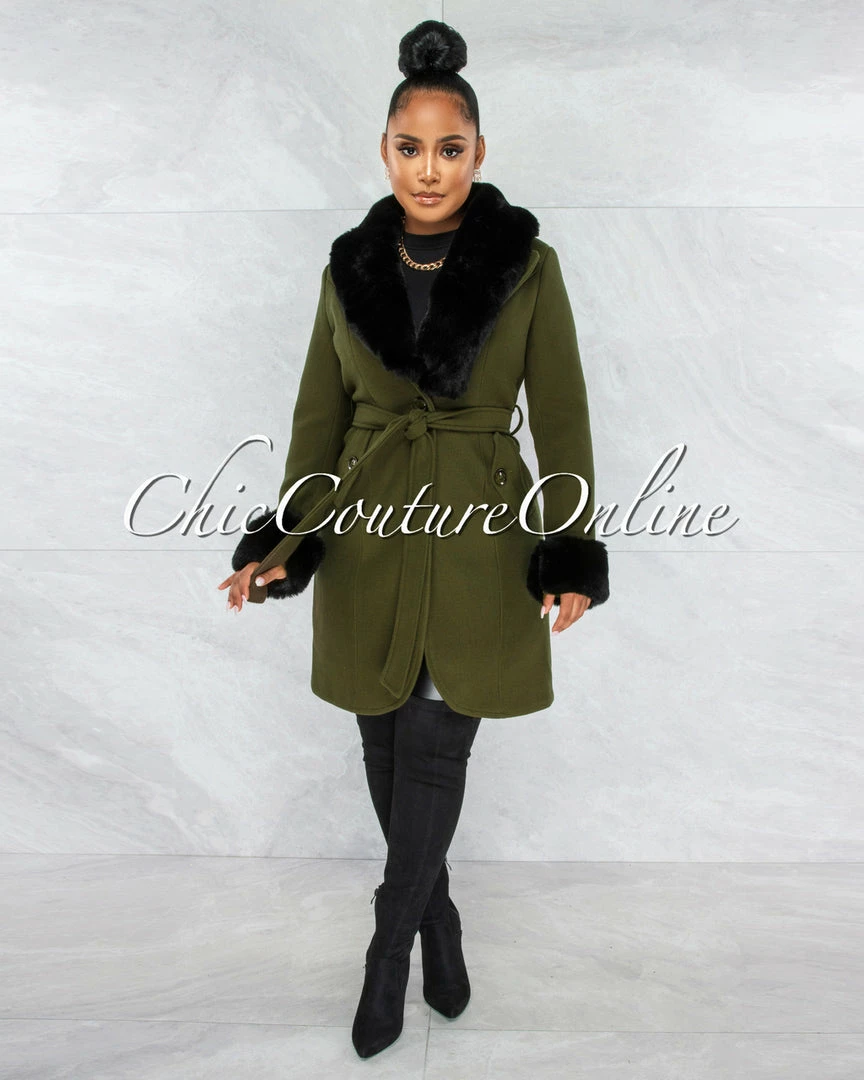 Vendor-unknown Entica Olive Green Black Faux Fur Coat